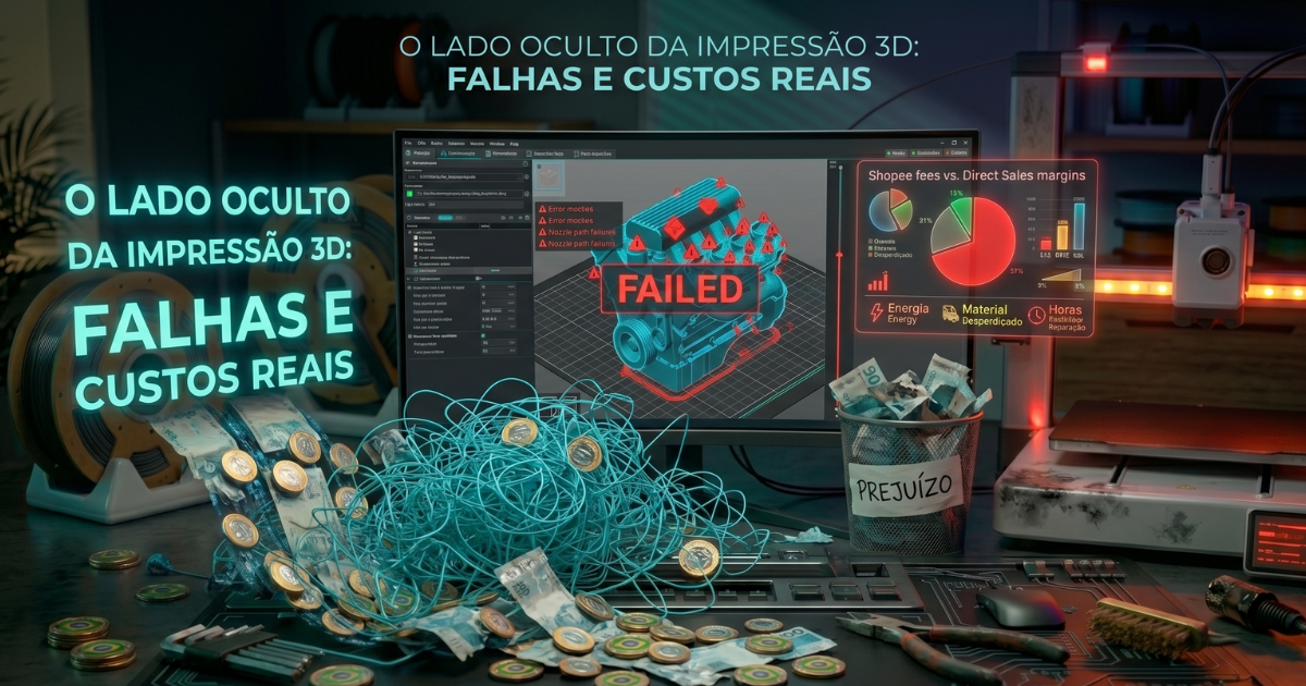 Impressão 3D com falha de espaguete misturada com moedas e ferramentas de manutenção, representando prejuízo financeiro