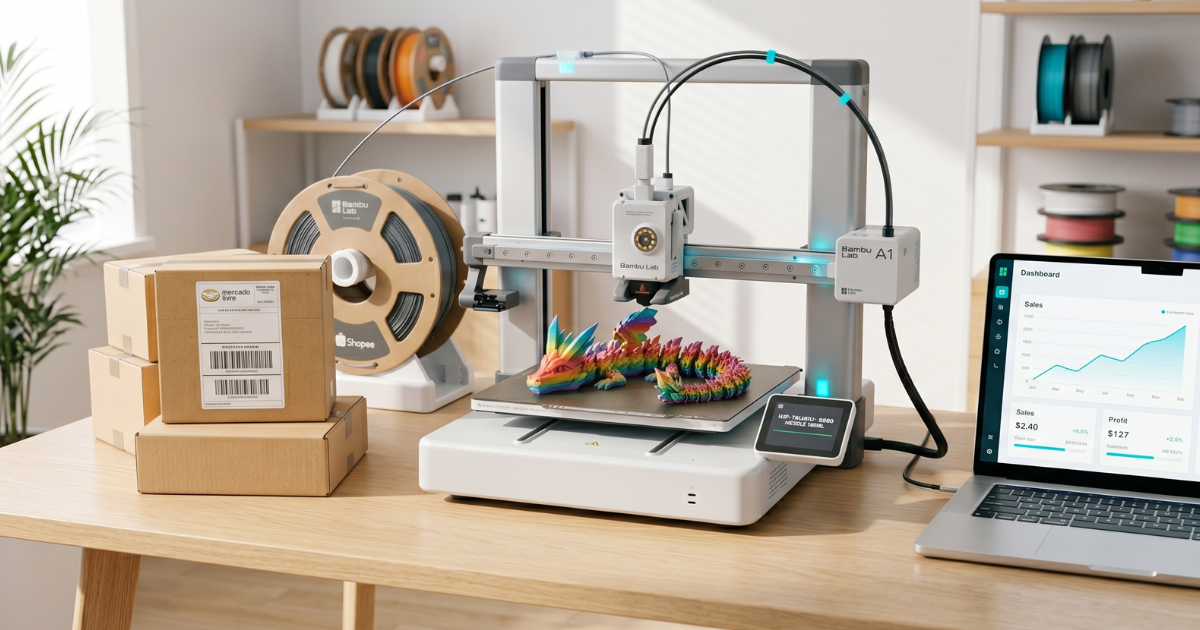 Impressora 3D moderna e rápida imprimindo peças prontas para venda e envio