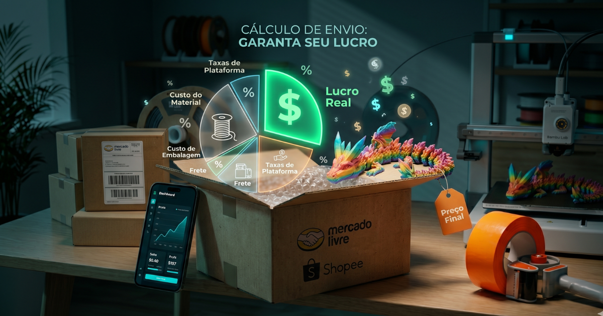 Peça impressa em 3D sendo embalada em caixa de papelão com gráficos financeiros flutuantes sobre taxas de marketplace