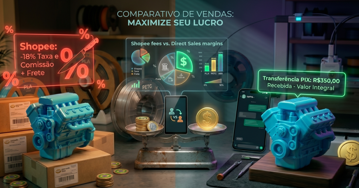 Comparação visual entre vender impressões 3D em marketplaces com taxas altas versus venda direta pelo WhatsApp com lucro total