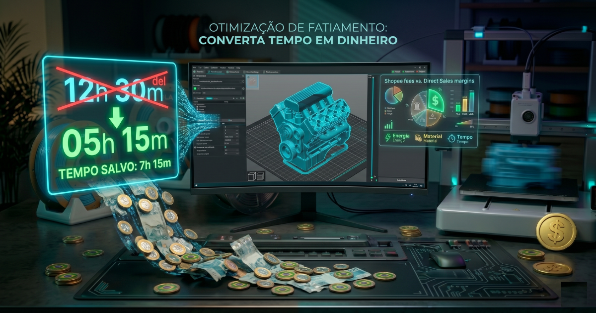 Tela de computador mostrando software fatiador de impressão 3D com cronômetro indicando redução de tempo e aumento de lucro
