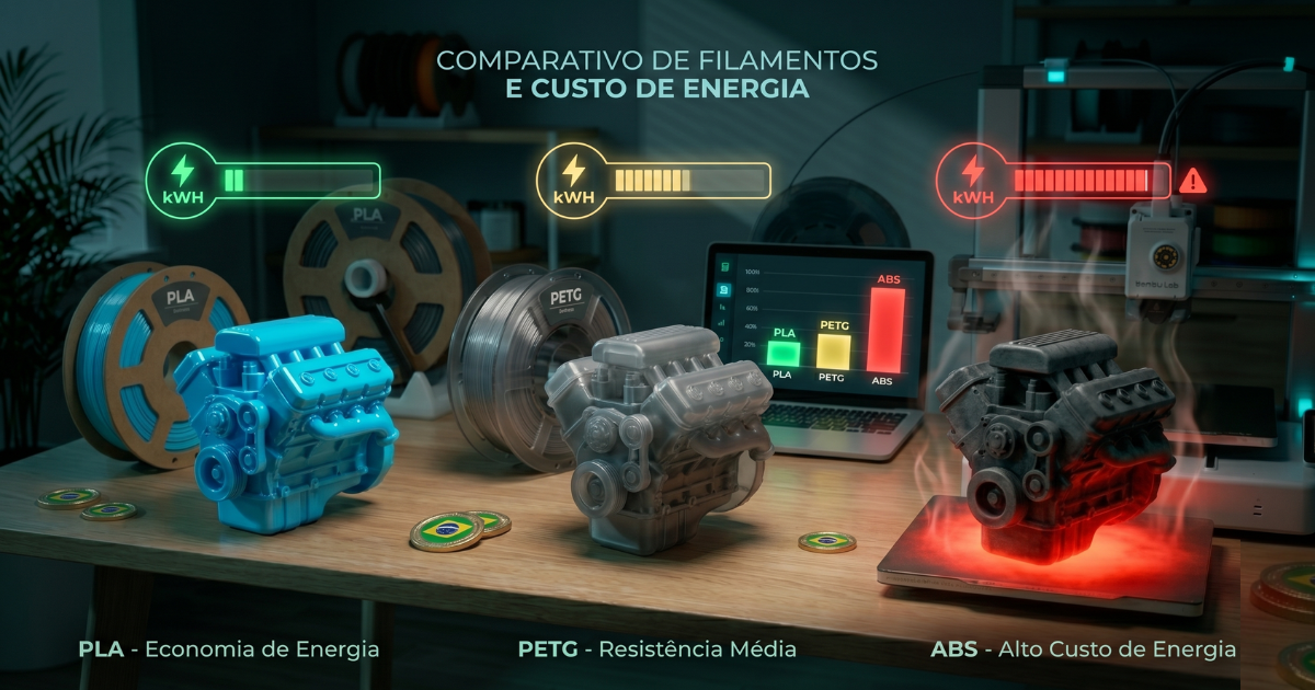 Comparação entre peças 3D impressas em filamento PLA, PETG e ABS destacando o alto consumo de energia térmica